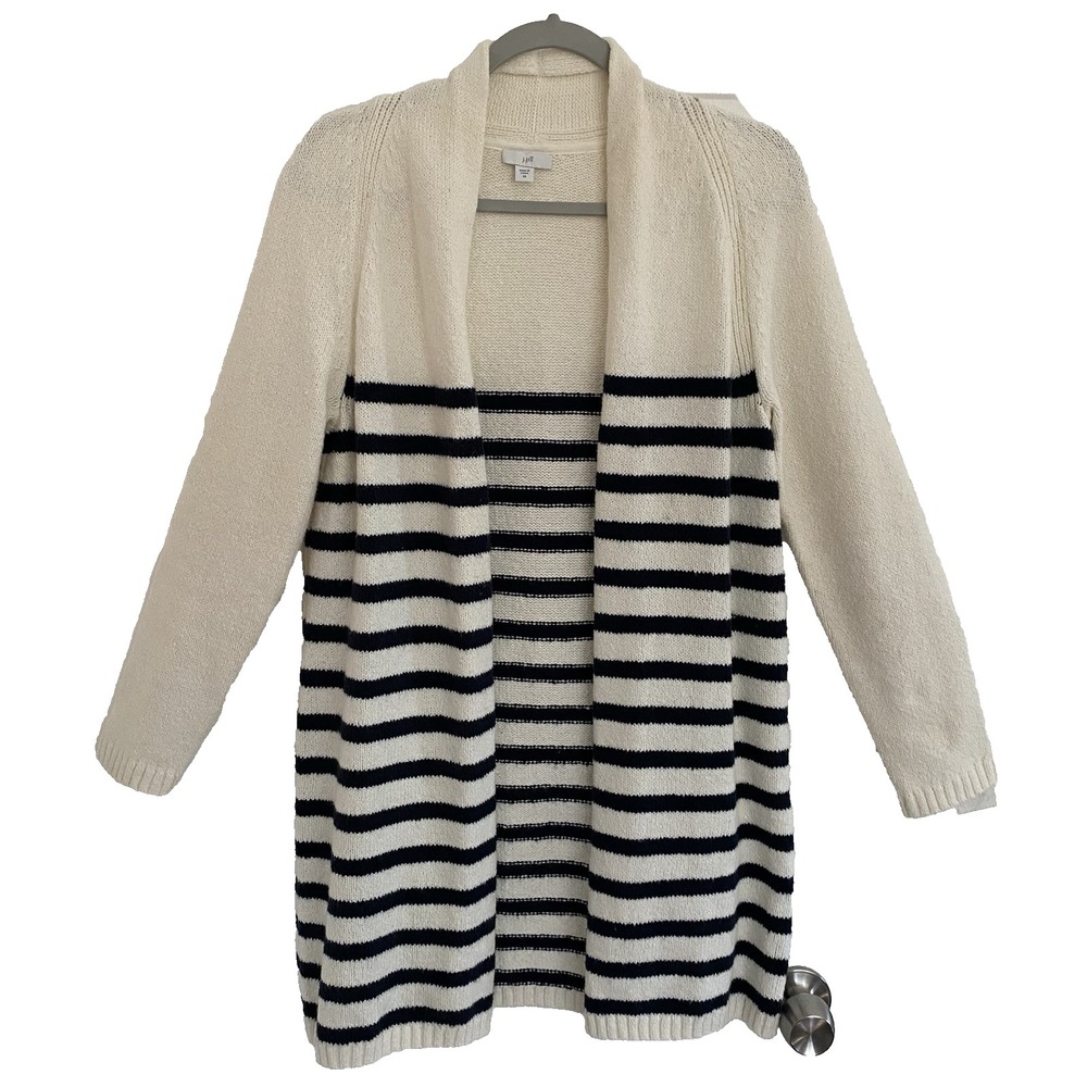 J.Jill Women XS Cardigan Cream Navy Striped Open Front Shawl Collar Sweater
